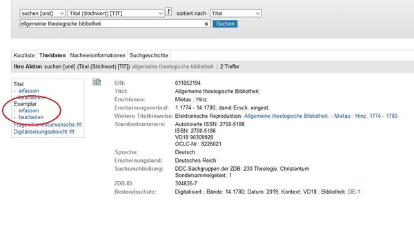 "Exemplar erfassen" auswählen "Exemplar erfassen" auswählen