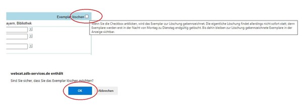 "Exemplar löschen" auswählen und bestätigen "Exemplar löschen" auswählen und bestätigen